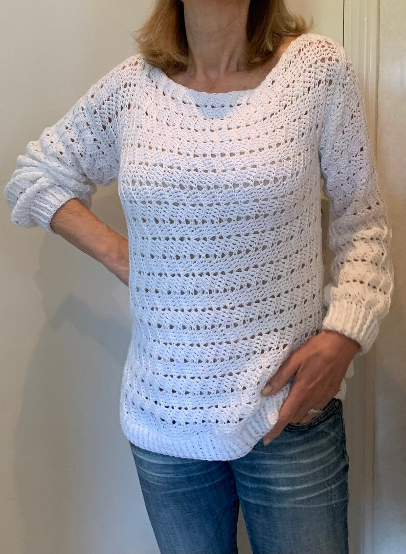 EZ Breezy White Sweater - Crochet Pattern English USA